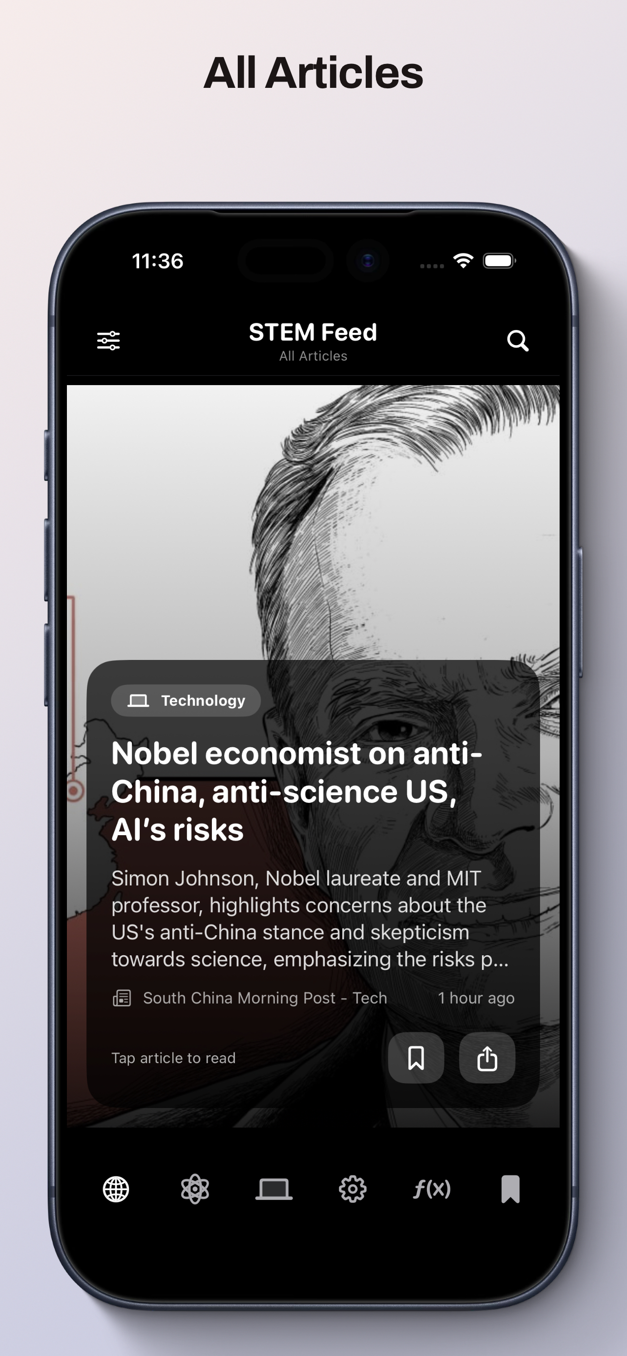 STEM FEED app showing a feed of science and technology articles