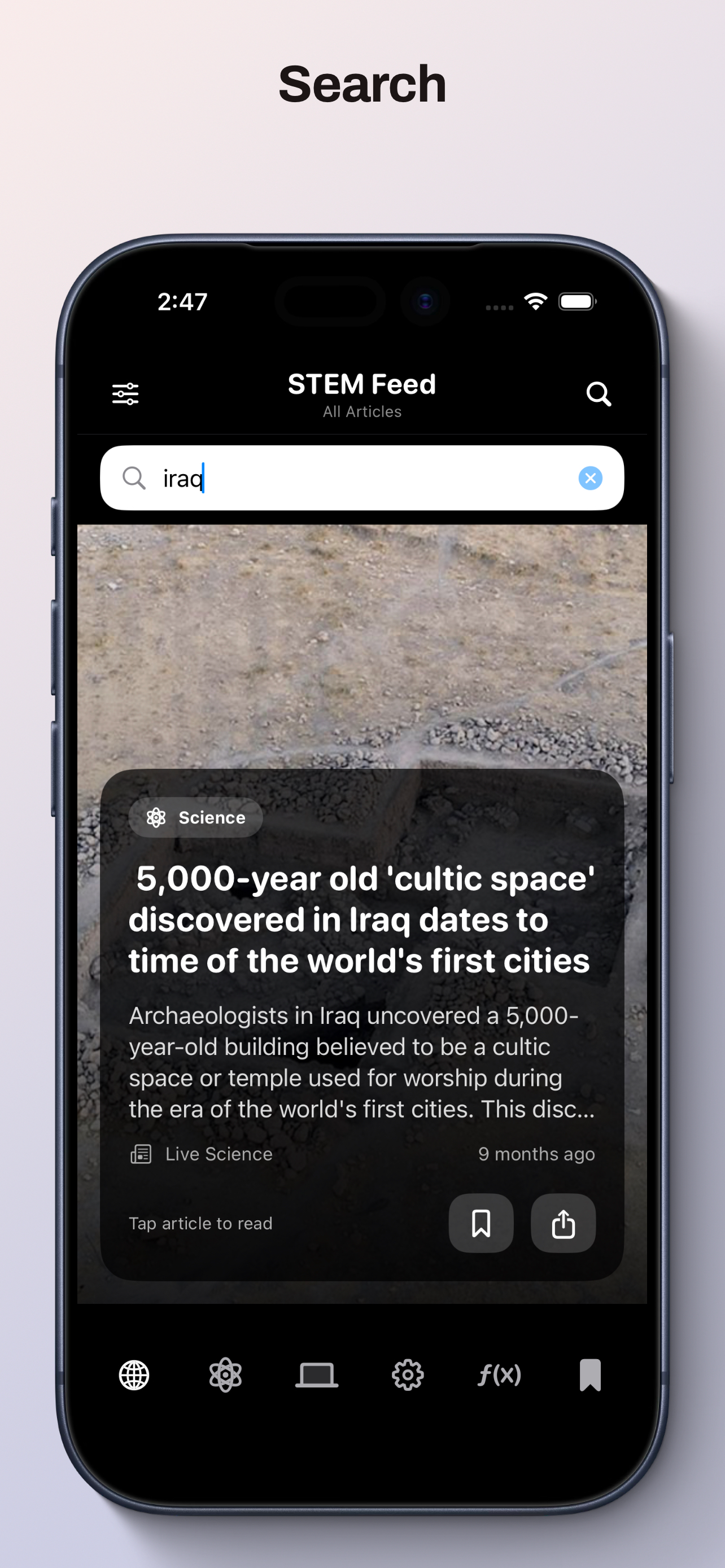 STEM FEED app showing a feed of science and technology articles